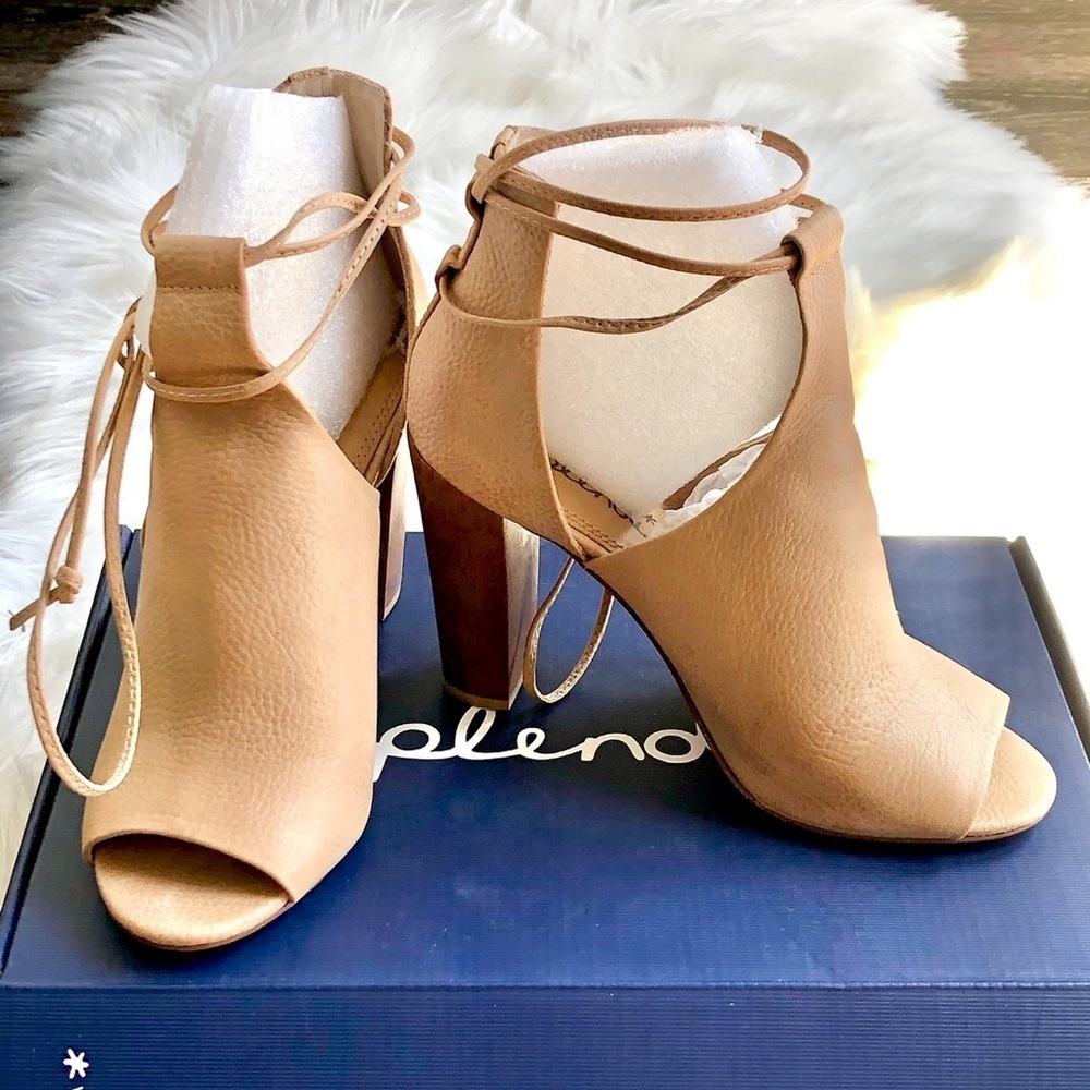 Splendid Jaylen Tan Leather Open Toe Booties Boots Ankle Tie Platform Heels 6.5​